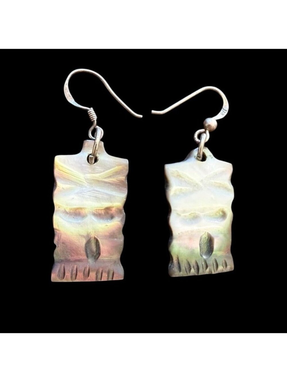 Vintage Carved Shell Tiki Mask Dangle Earrings Sterling Silver 925